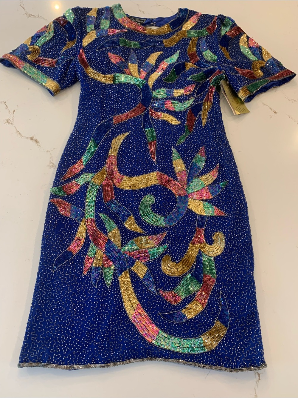 Rainbow Beaded Silk Dress Blue w/ Abstract Swirls Women’s Size 10